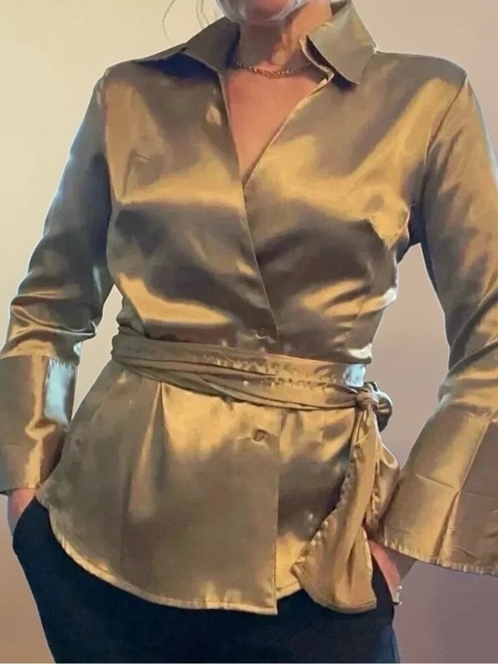 Suzy Shier Wrap Blouse Gold Satin V Neck Tie Waist 3/4 Sleeve Sash  Belt Size XS